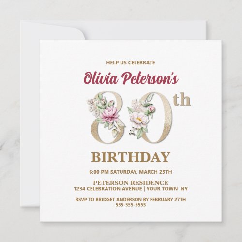 Rose Floral O 80th Birthday Party Invitation