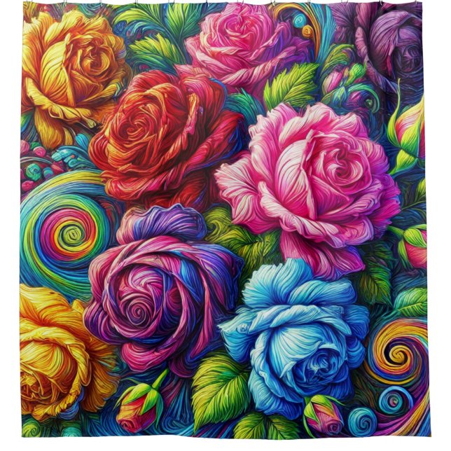 Rose Floral Pattern Vibrant Swirling Art Shower Curtain (Front)