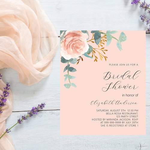 Rose floral peach budget Bridal Shower invitation