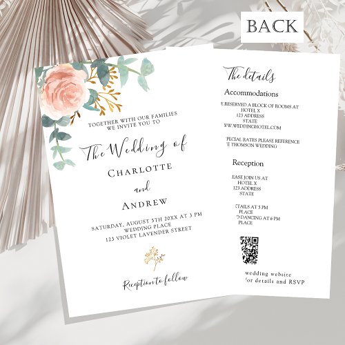 Rose floral pink QR details RSVP luxury wedding Invitation
