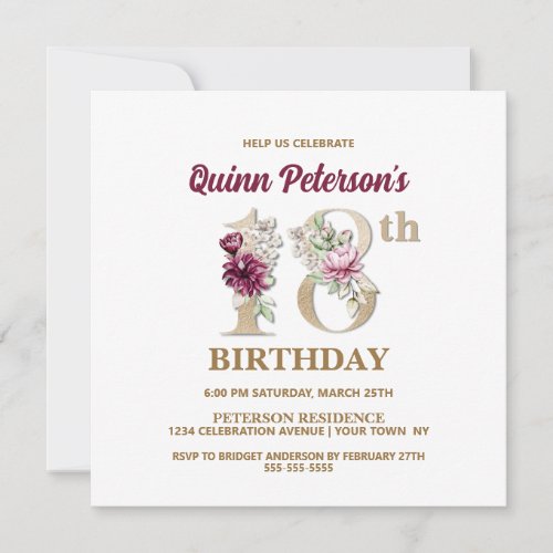 Rose Floral Q 18th Birthday Party Invitation