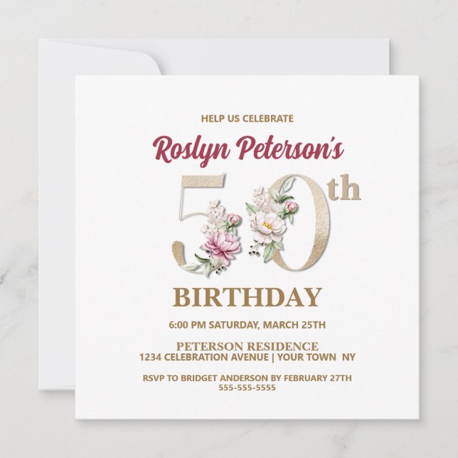 Rose Floral R 50th Birthday Party Invitation (Front)