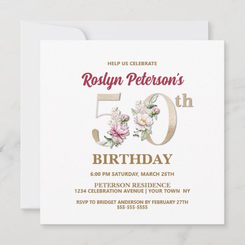 Rose Floral R 50th Birthday Party Invitation