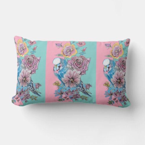 Rose Floral Roses Budgie Bird Womans Pink Aqua Cus Lumbar Pillow
