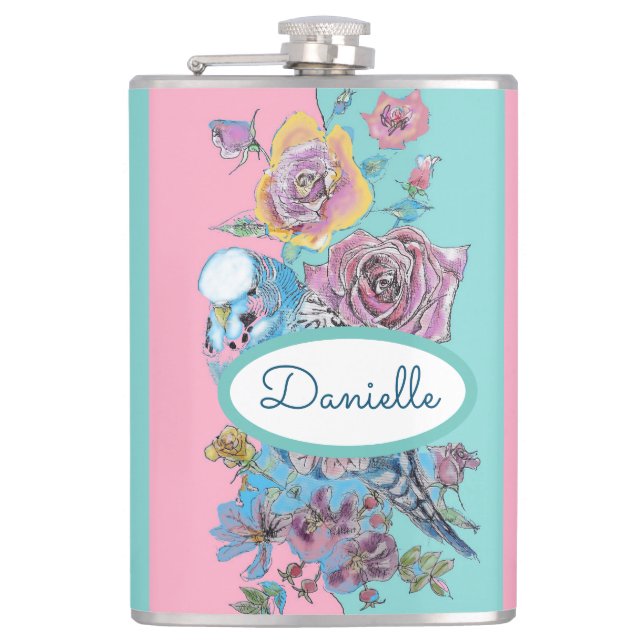 Rose Floral Roses Budgie Bird Womans Pink Aqua Flask (Front)