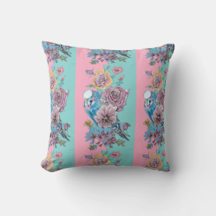 Rose Floral Roses Budgie Bird Womans Pink Aqua Throw Pillow