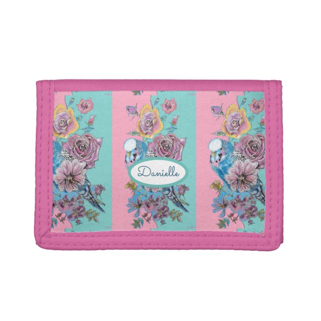 Rose Floral Roses Budgie Bird Womans Pink Aqua Trifold Wallet (Front)