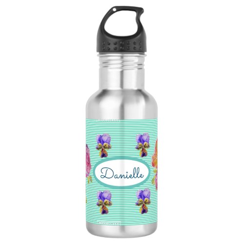Rose Floral Roses Garden Womans Pink Aqua Stripe Stainless Steel Water Bottle