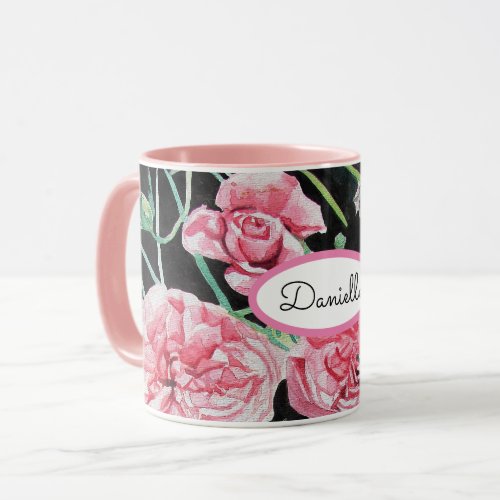 Rose Floral Roses Vintage Garden Womans Pink Black Mug