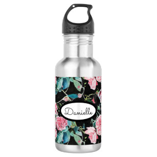 Rose Floral Roses Vintage Garden Womans Pink Black Stainless Steel Water Bottle