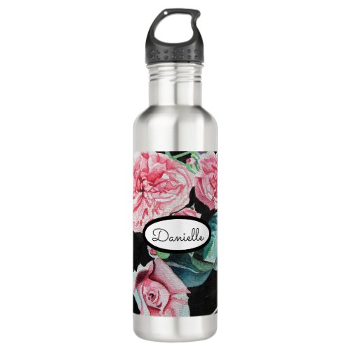 Rose Floral Roses Vintage Garden Womans Pink Black Stainless Steel Water Bottle