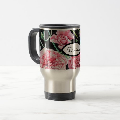 Rose Floral Roses Vintage Garden Womans Pink Black Travel Mug
