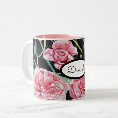 Rose Floral Roses Vintage Garden Womans Pink Black Two_Tone Coffee Mug