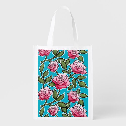 Rose Floral _ Scuba Blue Grocery Bag