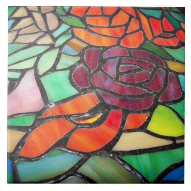  Rose Floral Stained Glass Ceramic Tile (Front)