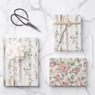 Rose Floral Stripes Bridal Shower Wrapping Paper Sheets