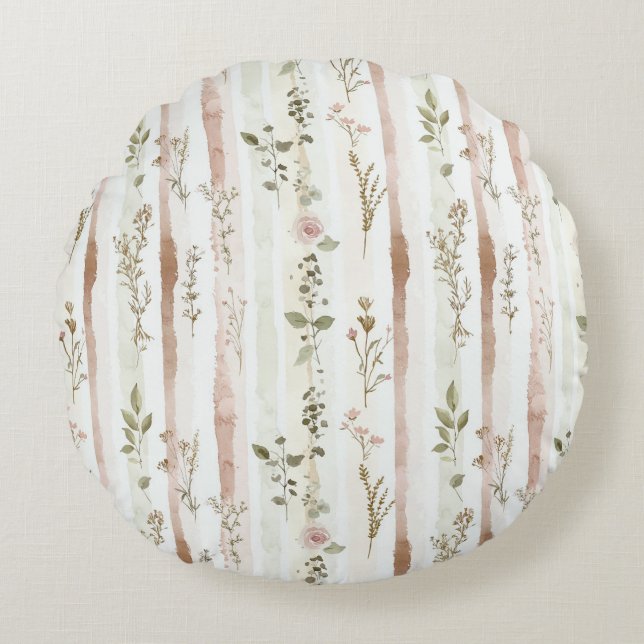 Rose Floral Stripes Round Pillow (Front)