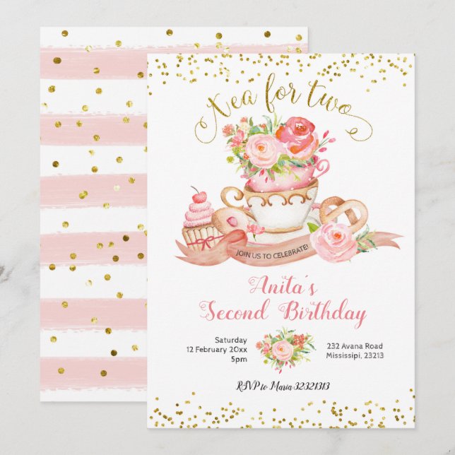 Rose Floral Tea for Two Birthday Party Invitation (Front/Back)