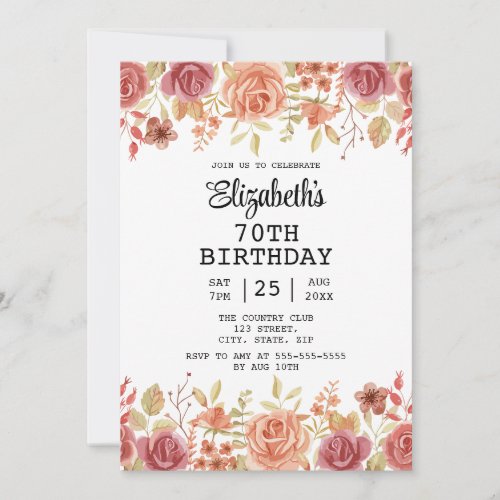 Rose Floral Terracotta Brown 70th Birthday  Invitation