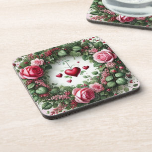 Rose Floral Twine Wreath with Red Hearts Beverage Coaster