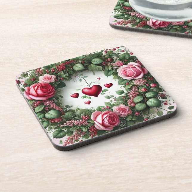 Rose Floral Twine Wreath with Red Hearts  Beverage Coaster (Left Side)