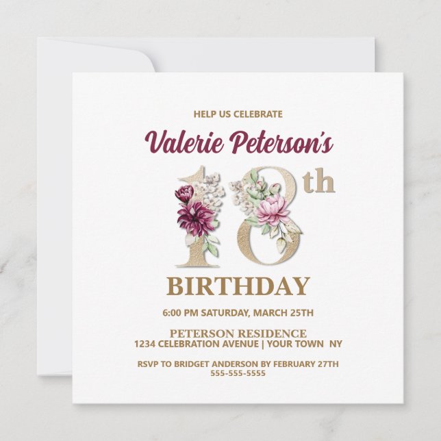 Rose Floral V 18th Birthday Party Invitation (Front)