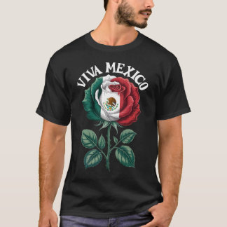 Rose Floral Viva Mexico Flag Independence Day T-Shirt
