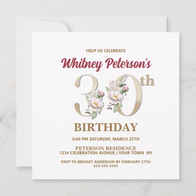 Rose Floral W 30th Birthday Party Invitation (Front)