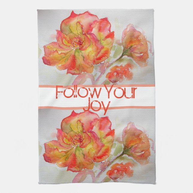 Rose Floral Watercolour Orange Follow Your Joy Kitchen Towel (Vertical)