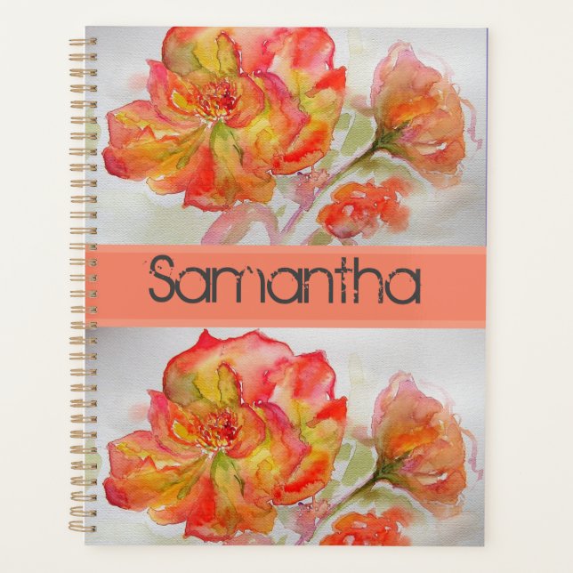 Rose Floral Watercolour Orange Peach Pink Notebook (Front)