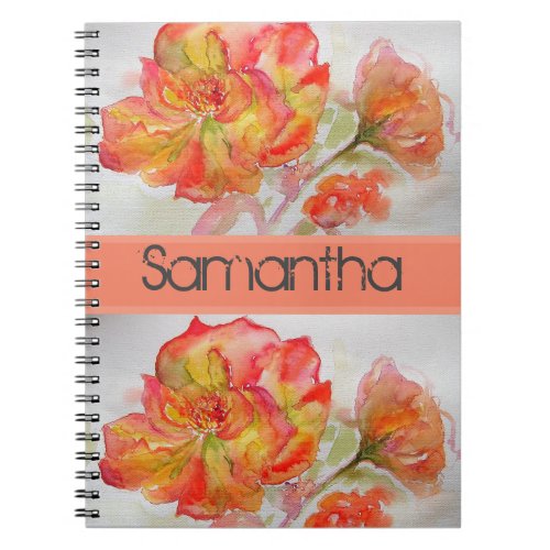 Rose Floral Watercolour Orange Peach Pink Notebook