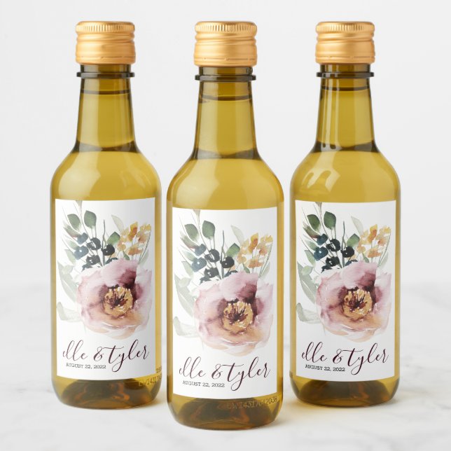 Rose Floral Wedding Mini Wine Bottle Label (Bottles)