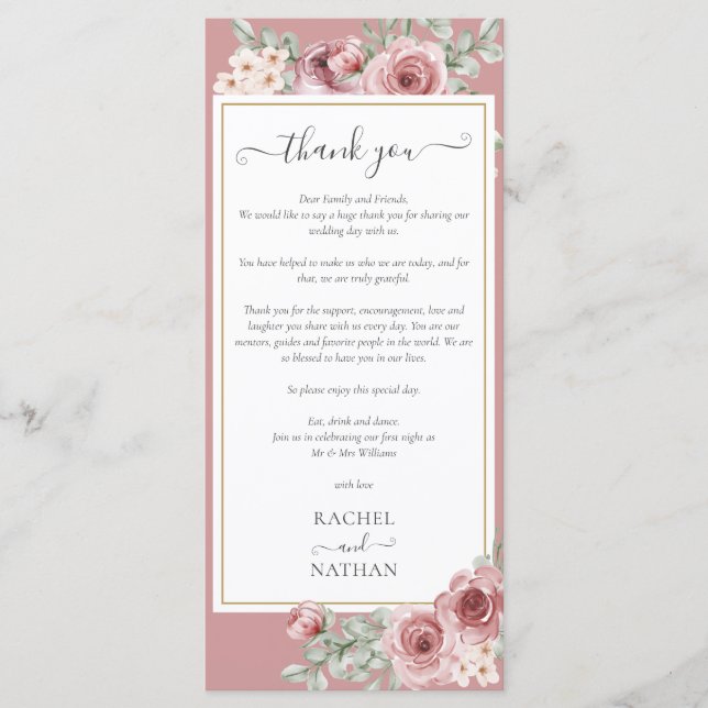 Rose Floral Wedding Reception Thank You Place Card (Front)