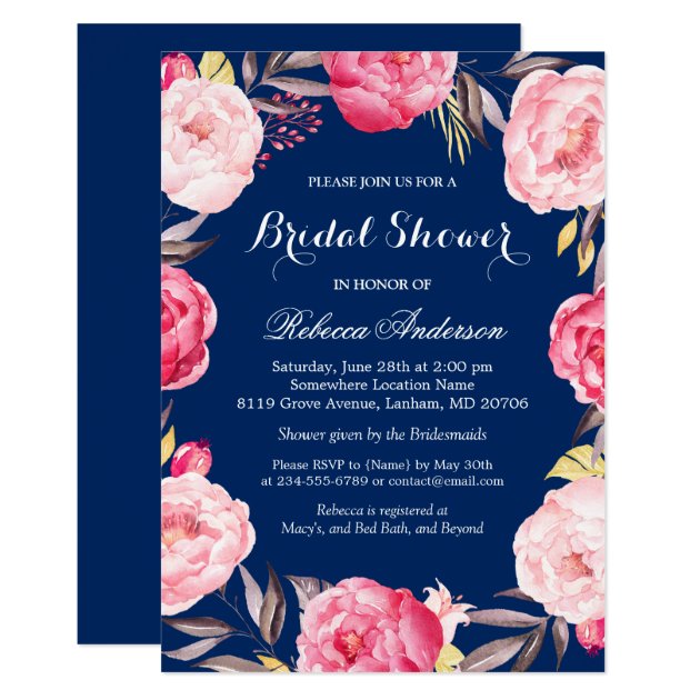 Rose Floral Wreath Navy Blue Bridal Shower Invitation