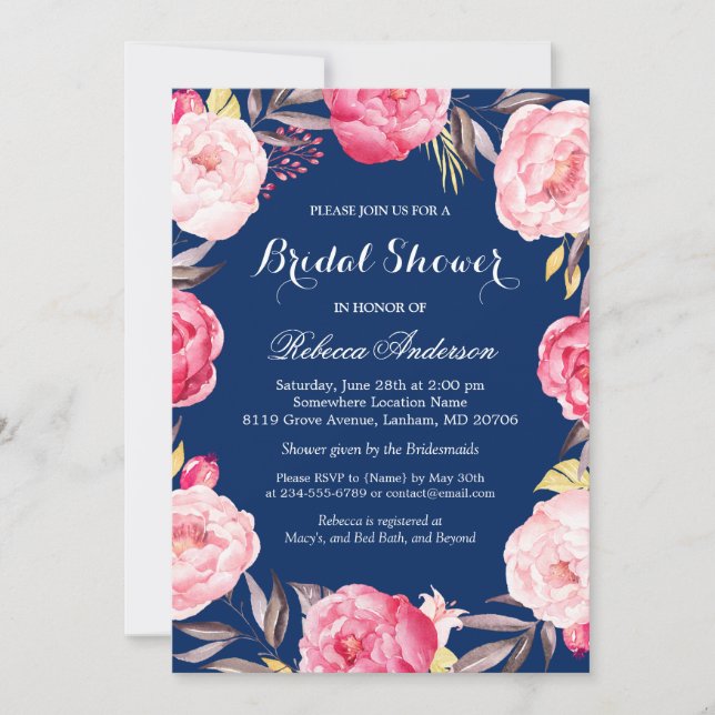 Rose Floral Wreath Navy Blue Bridal Shower Invitation (Front)