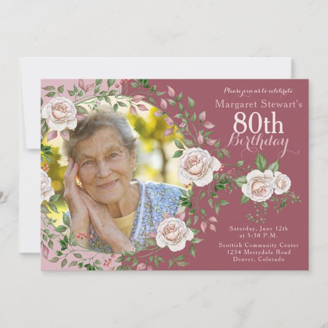 Rose Floral Wreath Photo Birthday Invitation (Front)