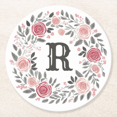 Rose Floral Wreath Watercolor  Round Paper Coaster