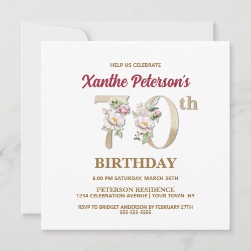 Rose Floral X 70th Birthday Party Invitation