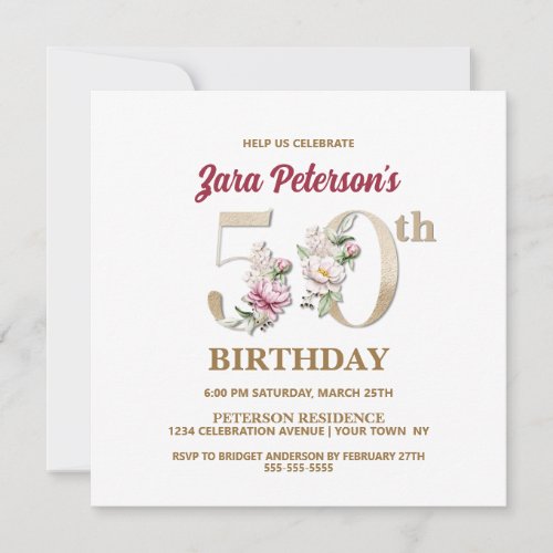 Rose Floral Z 50th Birthday Party Invitation