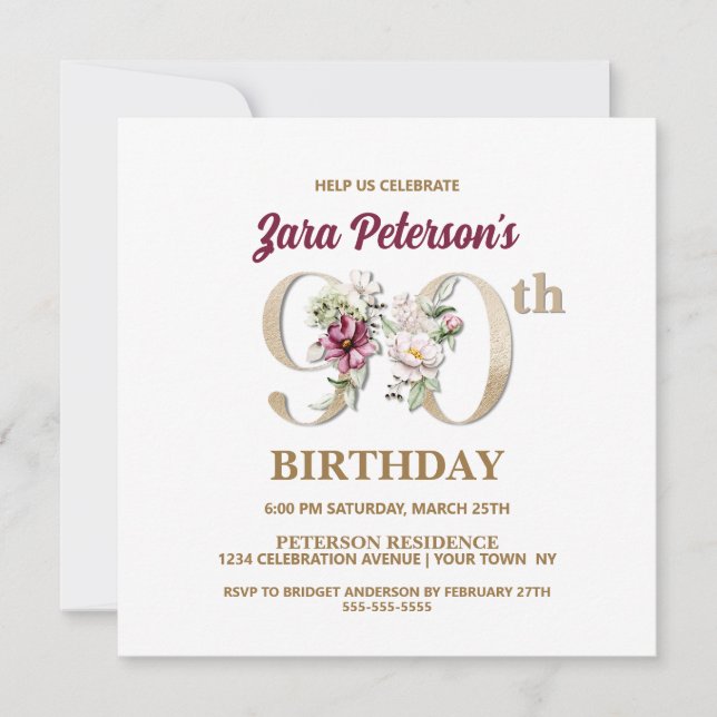 Rose Floral Z 90th Birthday Party Invitation (Front)