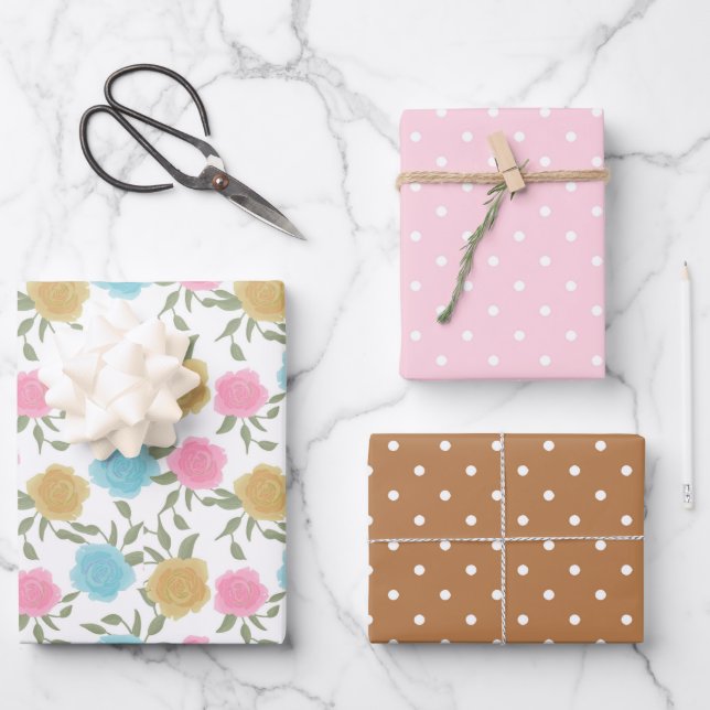 Rose Flower and Spotty Pattern Wrapping Paper Shee (Front)