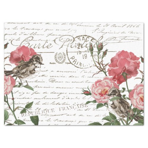 Rose Flower Bird Postcard French Script Decoupage  Tissue Paper