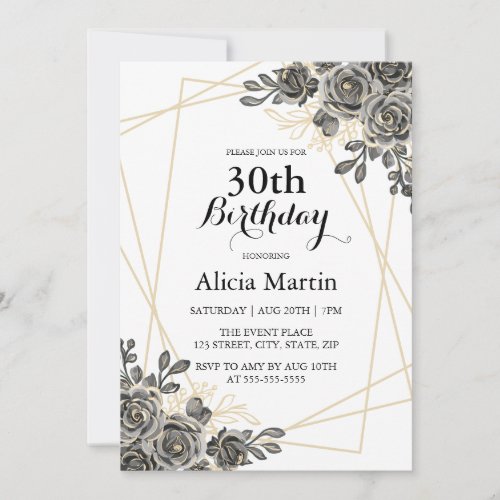 Rose Flower Black  Gold Woman Adult Birthday  Invitation