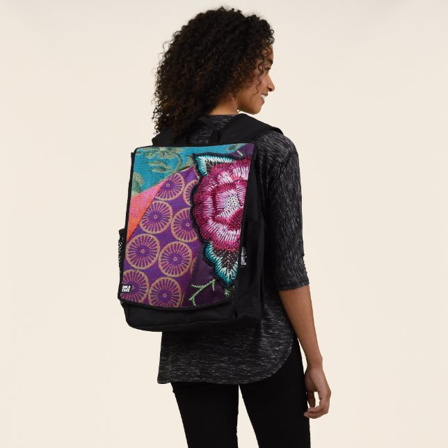 Rose flower boho embroidered look colorful backpack (Worn)