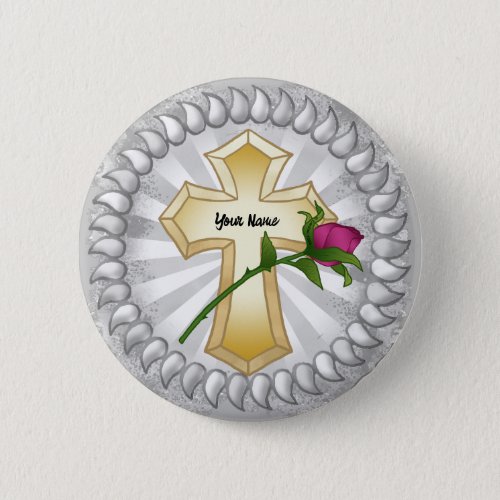 Rose flower Christian Cross Button