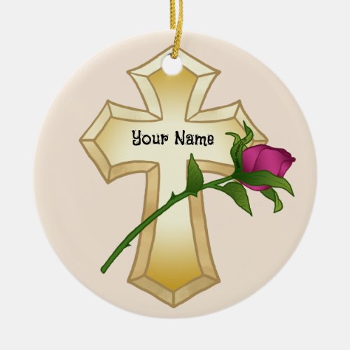 Rose flower Christian Cross Ceramic Ornament