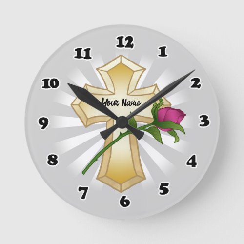 Rose flower Christian Cross Round Clock