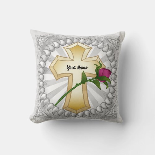 Rose flower Christian Cross Throw Pillow