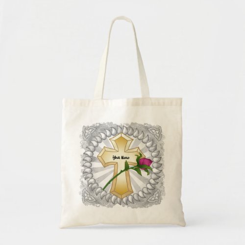Rose flower Christian Cross Tote Bag