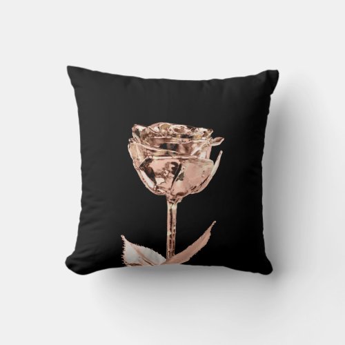 Rose Flower Copper Gold Black Lux Metallic White Throw Pillow